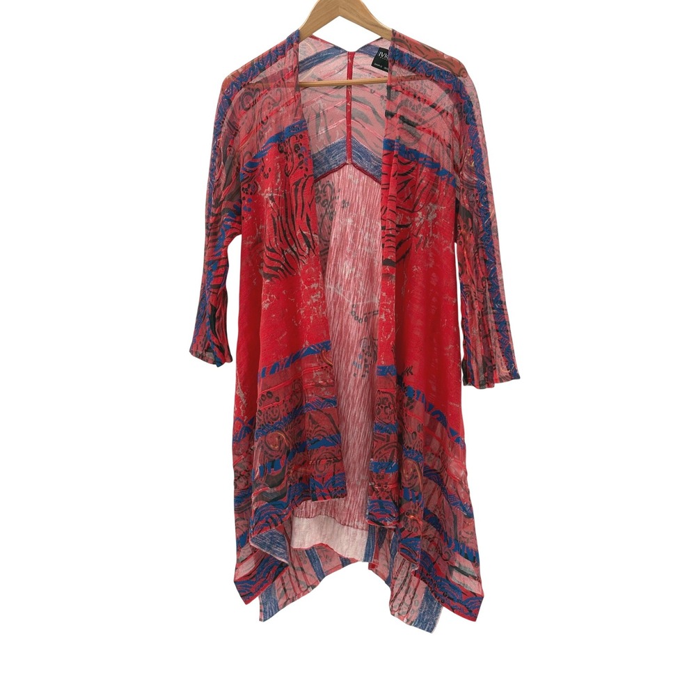 Ivko Cardigan Sweater Wrapover Kimono Women Small Medium Blue Red‎ Sheer